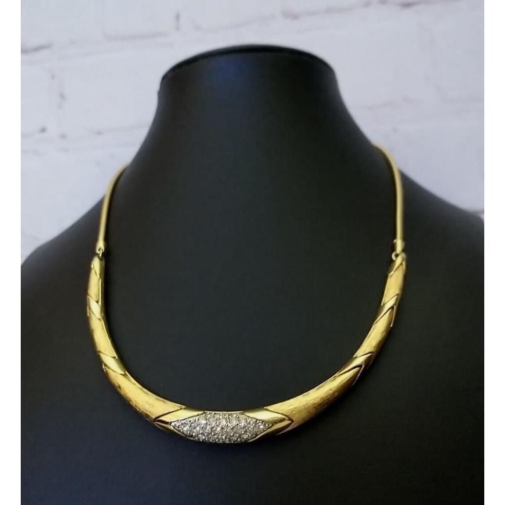 Vintage Gold Tone and Rhinestone Curved Bar Choker Snake Chain Necklace 15"